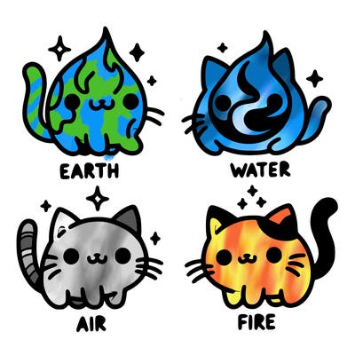 4 cats that represent the different elements, earth, water, air, and fire