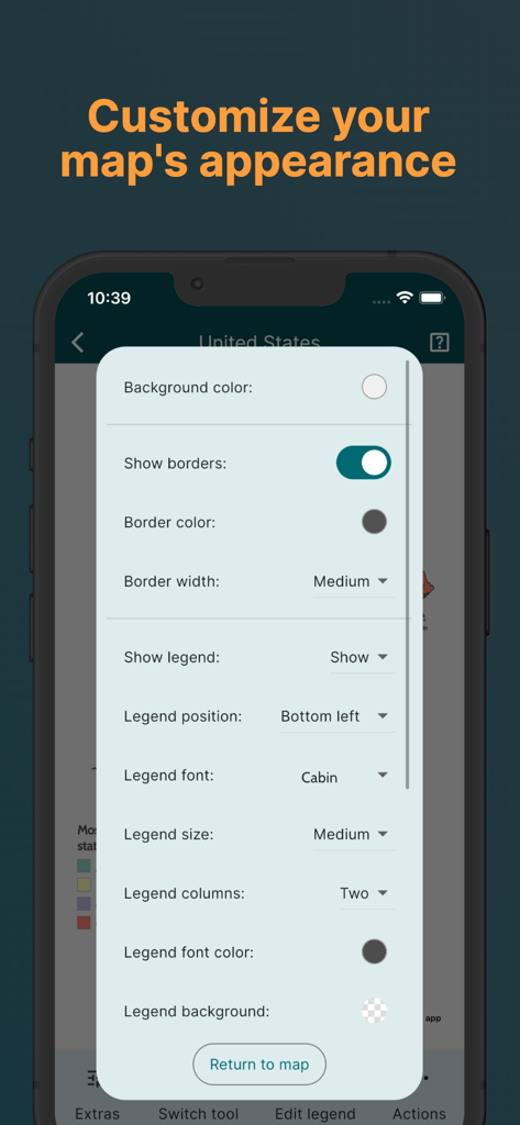 MapChart App - Capture d'écran du menu de personnalisation de l'application MapChart montrant les options pour les bordures de carte et les paramètres de légende sur une carte des États-Unis.