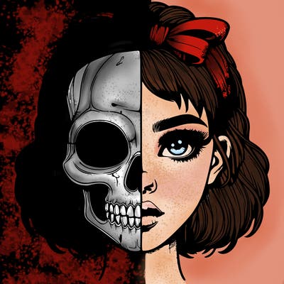 realistic girl with half skull mask