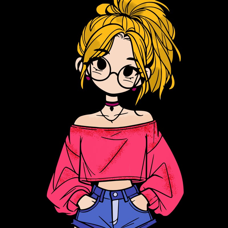 girl with a messy ponytail glasses a baggy crop top and jean shorts