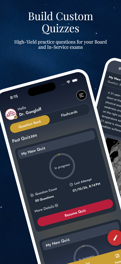 NowYouKnowMed - NowYouKnowMed app interface showing a dashboard to build custom medical quizzes and track study progress.