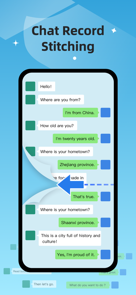 Pic Stitch：stitch long image - Interface montrant la fonctionnalité d'assemblage d'enregistrements de chat pour créer de longues captures d'écran de conversations textuelles