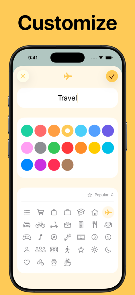 iPhone interface showing customization options for a travel list with various color and icon selections