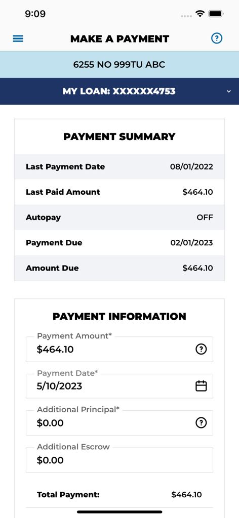 Carrington Mobile app screen for making a mortgage payment with payment summary and input fields.