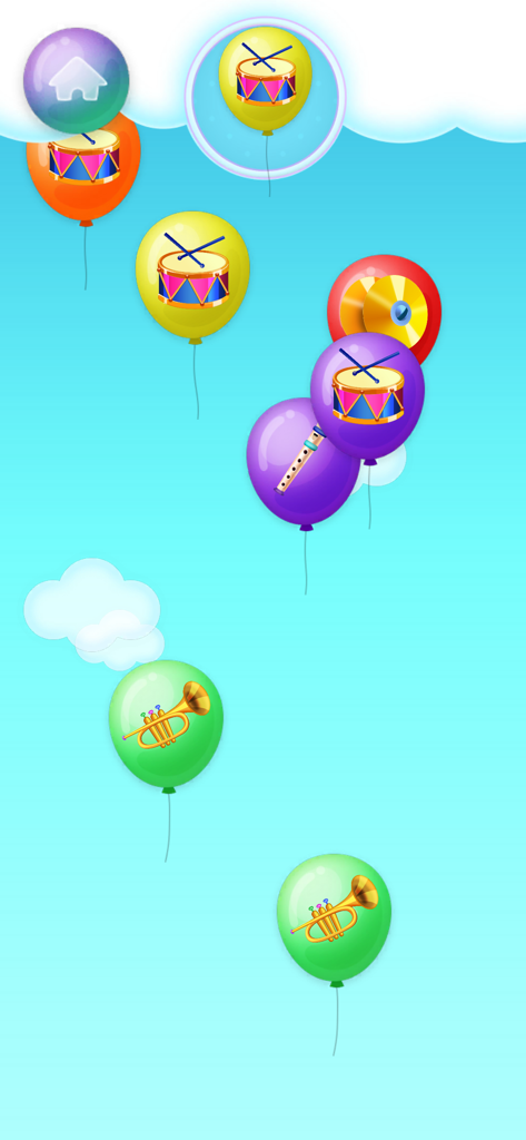 Balloons pop - Toys - Juego educativo para niños con coloridos globos con iconos de instrumentos musicales como tambores y trompetas flotando en un cielo azul