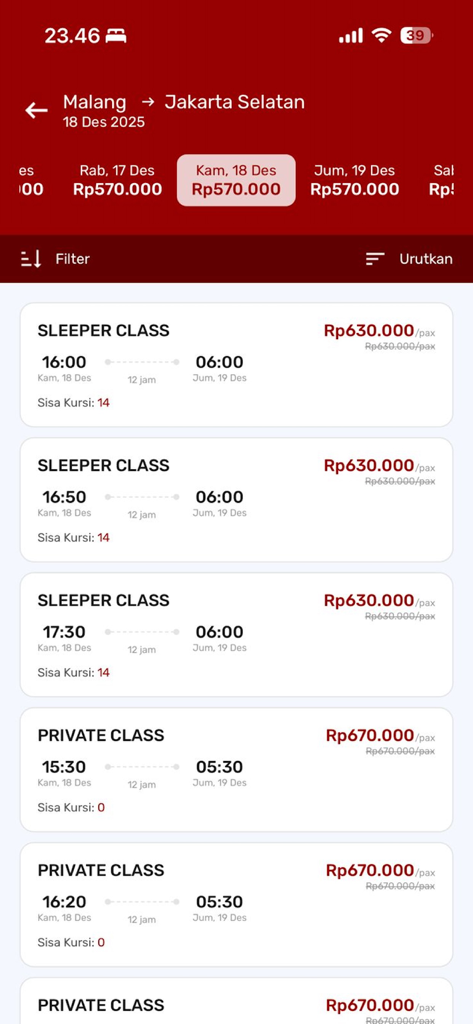 Juragan 99 Trans app screen displaying premium bus schedules with sleeper class and private class options from Malang to Jakarta