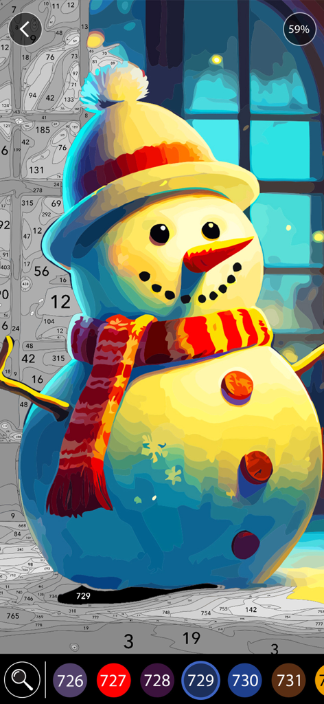 Christmas Paintings - Pantalla digital de pintar por números con un muñeco de nieve colorido en una escena invernal festiva