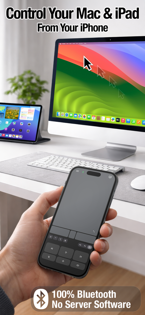 Una mano sosteniendo un iPhone usando la aplicación Mobile Mouse para controlar un Mac e iPad vía Bluetooth