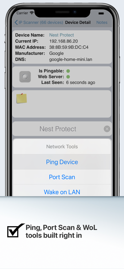 IP Scanner Ultra - IP 스캐너 울트라 모바일 앱 인터페이스에 장치 세부 정보 및 Ping, 포트 스캔과 같은 통합 네트워크 도구가 표시됨