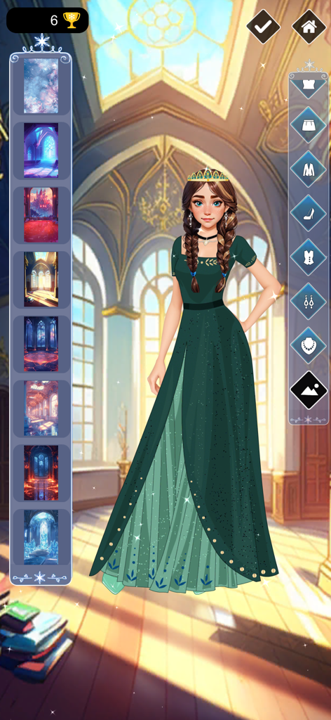 Ice & Fire Princess Dress Up - Princess character in a green dress on a customization screen with background and clothing options