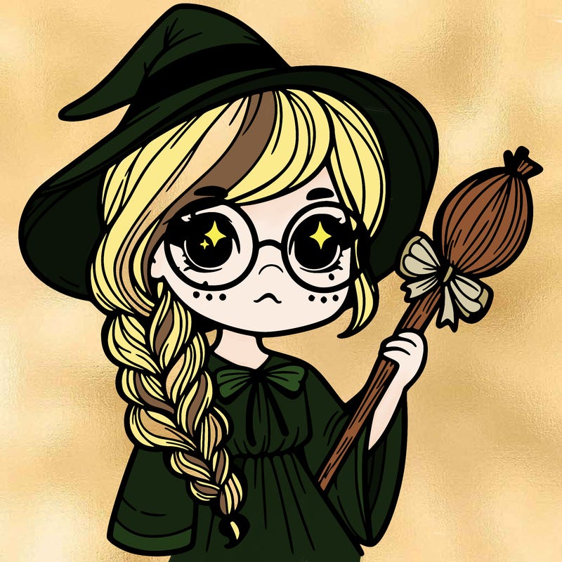 a witch with a braid and two glasses