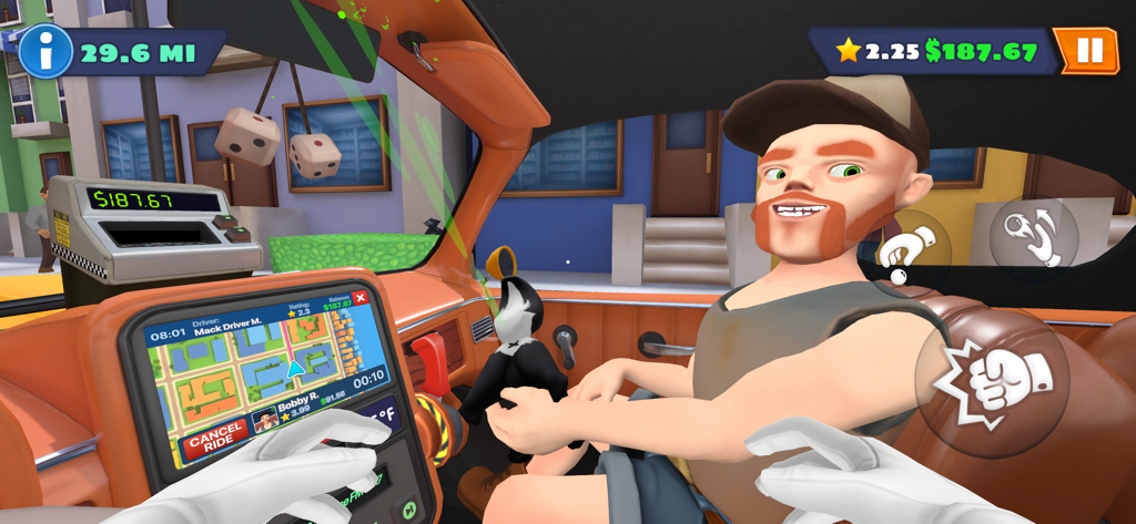 I Am Taxi Driver - Vue à la première personne de l'intérieur d'un taxi avec un passager et un tableau de bord interactif dans le jeu I Am Taxi Driver