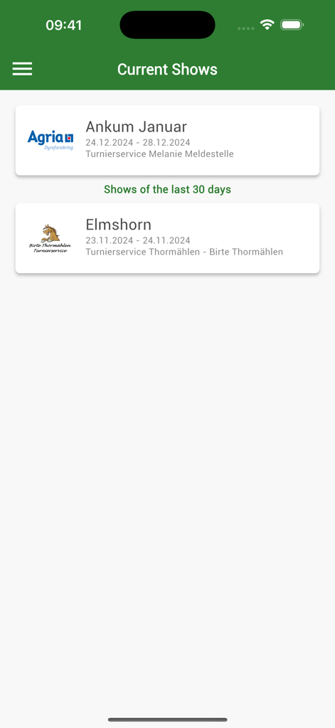 Oberfläche der FN Competitions App mit einer Liste aktueller und vergangener Reitturniere.