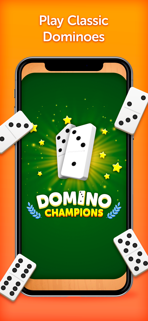 Domino Champions mobile app splash screen featuring classic domino tiles and stars on a green background