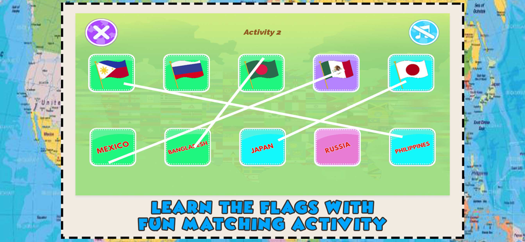 World Map Quiz Geography Games - Educational game screenshot showing a matching activity between world flags and country names.