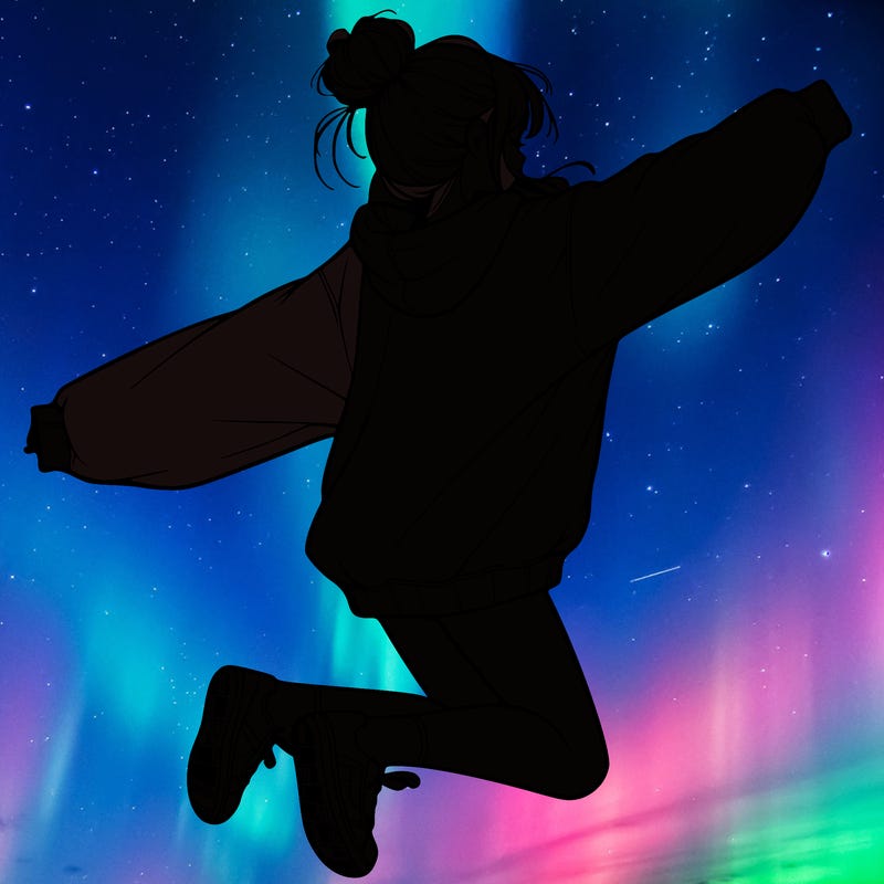realistic girl jumping with a bun and oversized sweatshirt