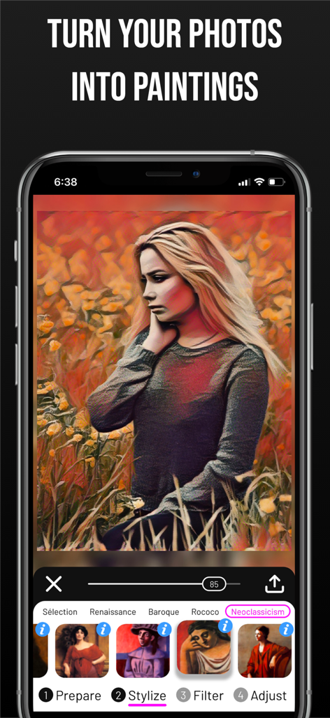 Paintation: Famous Art Filters - Pantalla de smartphone mostrando la interfaz de la aplicación Paintation estilizando una foto de retrato en una pintura neoclásica