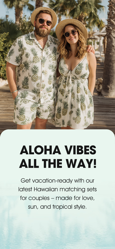 Una pareja con camisas y vestidos hawaianos con estampado de piña a juego para unas vacaciones tropicales.