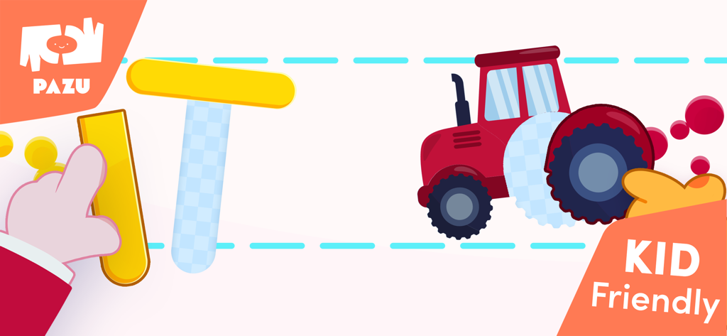 ABC Alphabet Game for kids - A hand tracing the letter T next to a cartoon tractor in the ABC Alphabet Game for kids.