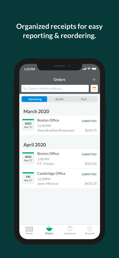 Interface de l'application ezCater montrant les commandes traiteur organisées et les reçus pour les rapports de notes de frais professionnels