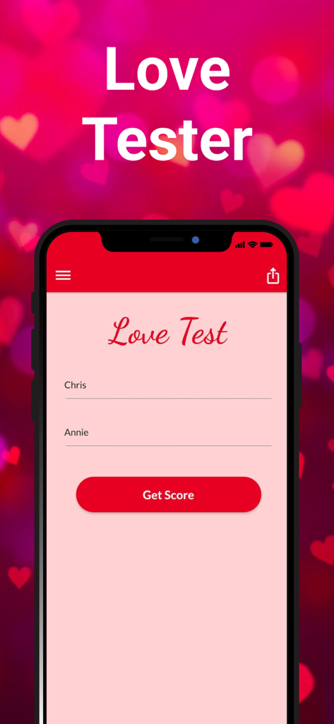 Love Tester: Real Love Test - A mobile phone screen showing the Love Tester app with names Chris and Annie entered to calculate a love score
