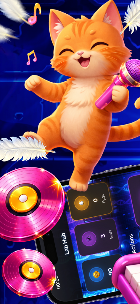 Chik Mut Lab - ピンクのマイクに向かって歌うオレンジ色の猫と、研究ステータスを示すChik Mut Labゲームインターフェース。