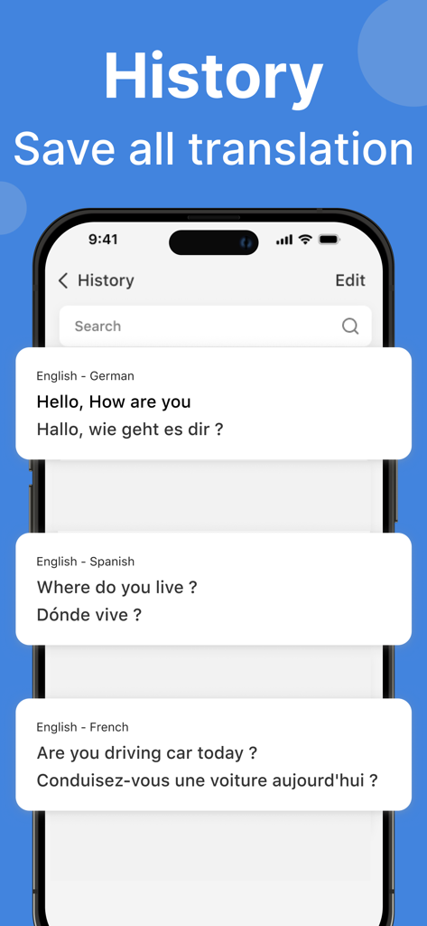 Translator - Voice & Camera - Pantalla de iPhone que muestra el historial de traducción de la aplicación Traductor con entradas en alemán, español y francés