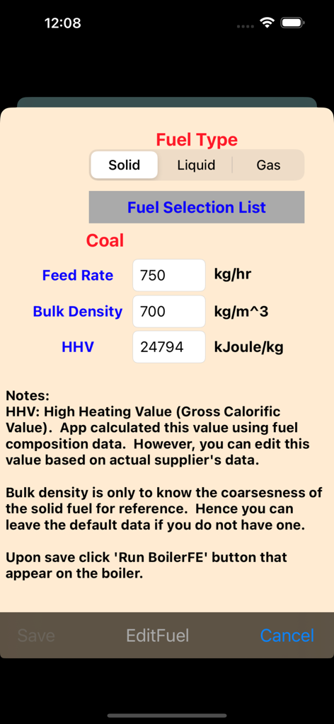 Schnittstelle der Boiler Efficiency App zur Auswahl des Kraftstofftyps und zur Eingabe von Kohlezufuhrrate und Heizwertdaten