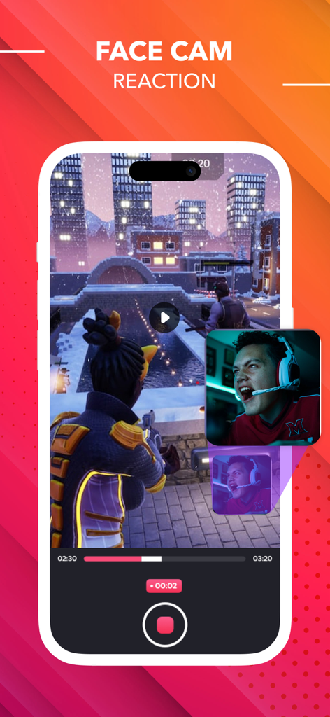 Screen Recorder ® - Interfaccia dell'app Screen Recorder che mostra un gioco mobile con una sovrapposizione di reazione Facecam