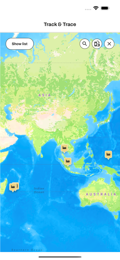 Real-time vessel tracking map interface in the myMSC app showing global container ship positions