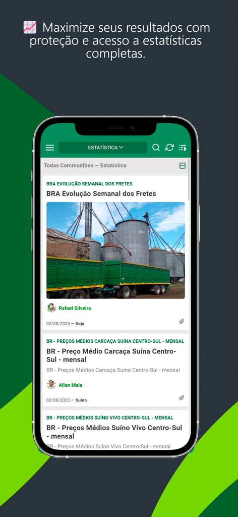 Plataforma Safras - Aplicación móvil Plataforma Safras que muestra estadísticas del mercado agrícola e informes de noticias sobre fletes y precios del ganado.