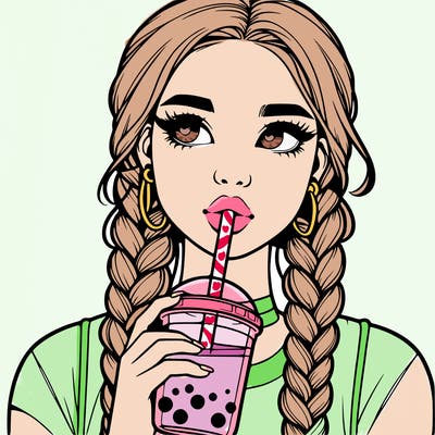 realistic girl with braided hair drinking boba