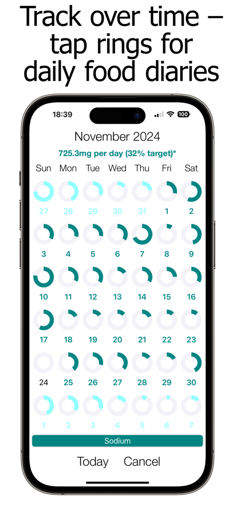 Monthly calendar view displaying daily sodium intake tracking rings