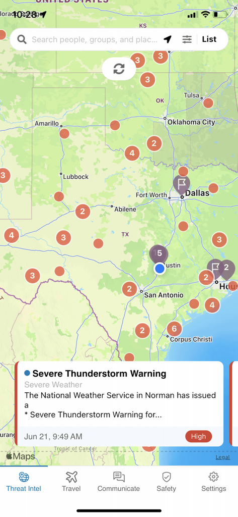 AlertMedia - AlertMedia app displaying a map of threat intelligence alerts and a severe thunderstorm warning notification