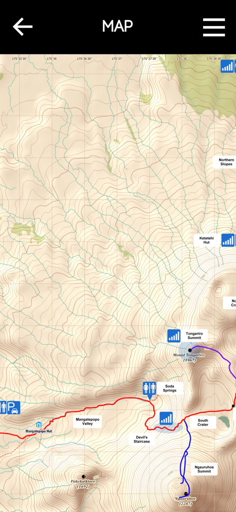 Tongariro Alpine Crossing - Detailed topographic hiking map of the Tongariro Alpine Crossing showing trail markers and landmarks