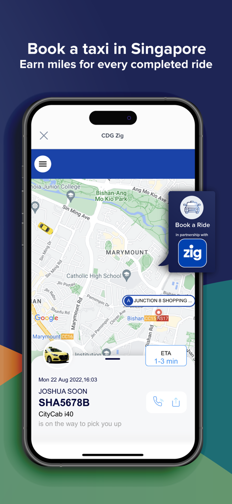 Kris+ by Singapore Airlines - A mobile phone screen showing the Kris plus app taxi booking feature in Singapore which allows users to earn miles for every ride.