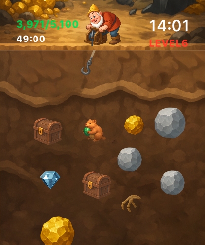 Gold Miner For Watch - Gameplay screenshot of Gold Miner For Watch showing the miner character collecting gold and diamonds underground