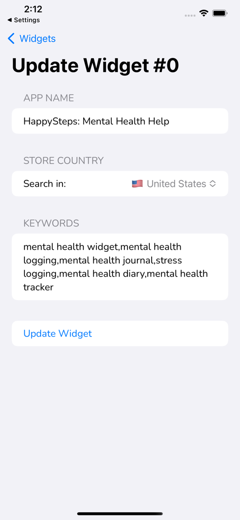 ASO Widgets: Keyword Tracker - ASOウィジェットアプリのインターフェースに、米国App Storeのメンタルヘルスアプリのキーワード追跡設定が表示されています。