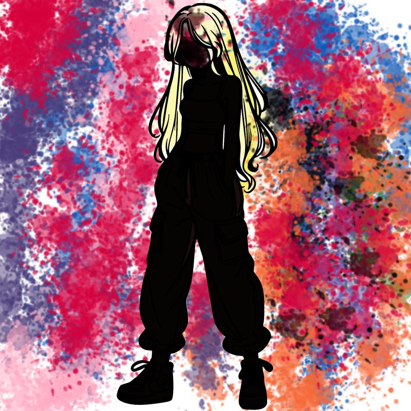 girl in baggy pants crop top and long hair