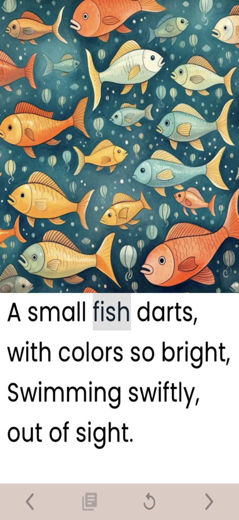 Children's Books Read Aloud - A page from the ReadingBuddy app featuring colorful fish illustrations and highlighted text for synchronized reading