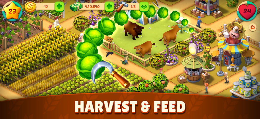 Animal Farm Life: Town Farming - 鎌で緑のキャベツを収穫し、カラフルな3D農場の茶色の牛に与えているプレイヤー