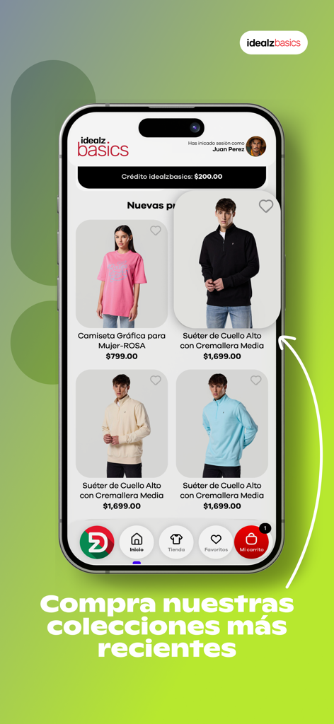 Interfaz de la aplicación Idealz Mexico mostrando la última colección de ropa con suéteres y camisetas gráficas