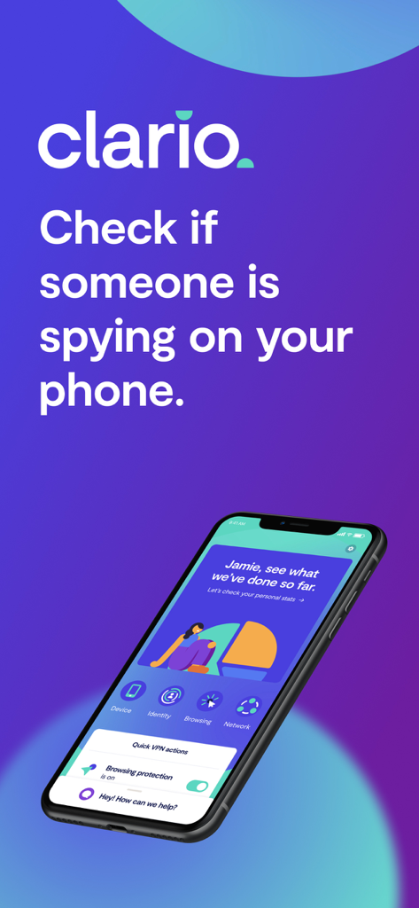 Clarioモバイルセキュリティアプリのインターフェースで、スパイ対策保護機能が表示されています。