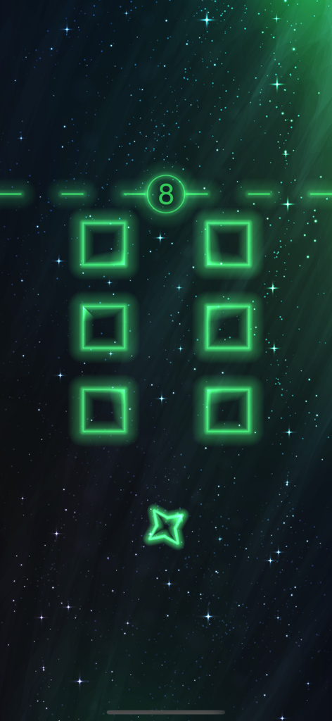 Captura de pantalla del juego de Tap To Dash con un jugador estrella verde neón y obstáculos cuadrados sobre un fondo de espacio estrellado