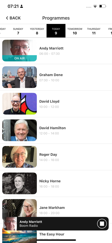 Boom Radio UK - A list of radio DJs and their program times on the Boom Radio UK app schedule screen.