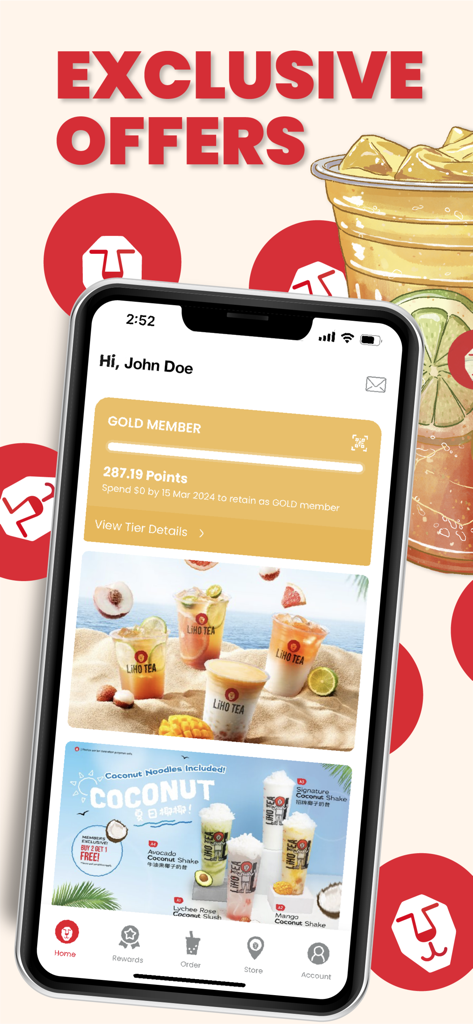 LiHO TEA SG - LiHO TEA SG app home screen showing exclusive offers and gold member loyalty points