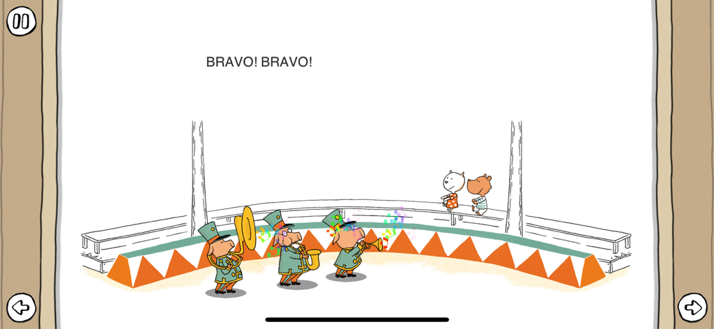 Lesestart zum Lesenlernen - Cartoon pigs playing musical instruments in a circus ring with Bravo text