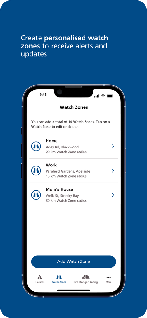 Alert SA - Mobile screen showing the Alert SA app Watch Zones feature with personalized locations for emergency alerts