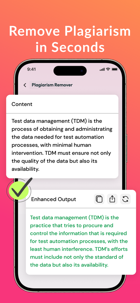 Plagiarism Remover-AI Rewriter - Plagiarism Remover app screen showing the original text being transformed into an enhanced and unique rewritten output on an iPhone