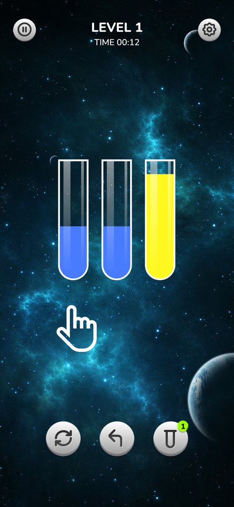 Color Water Sorting Game Tubes - Screenshot of Color Water Sorting game level 1 featuring blue and yellow liquid in tubes with a space background